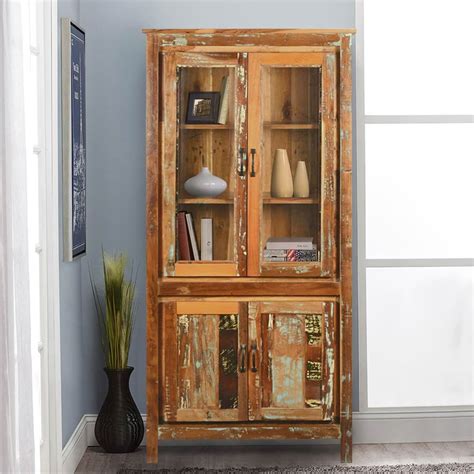 Bethlehem Rustic Reclaimed Wood Glass Door Tall Display Cabinet