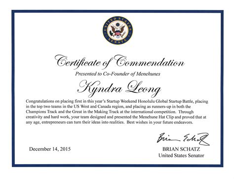 kyndras certificate  commendation  senator brian schatz