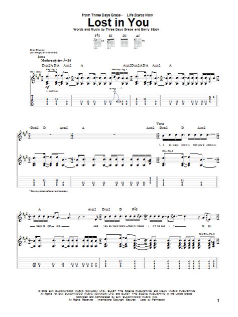 lost in you sheet music three days grace guitar tab