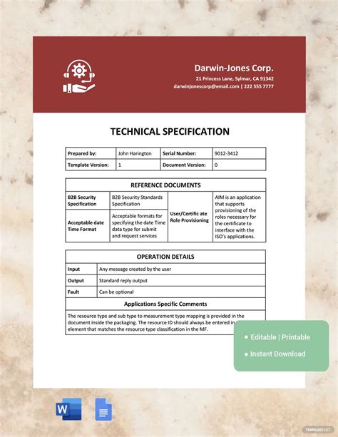 technical specification template   word google docs