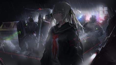 Download 1920x1080 Anime Girl Soldiers Raining Dark