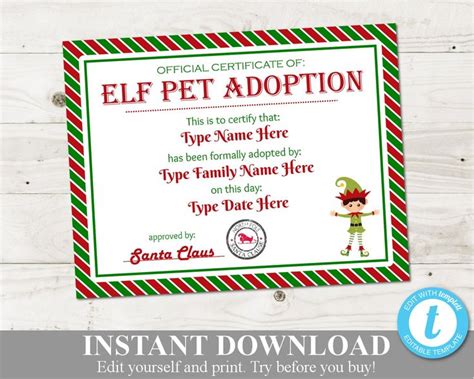 instant  editable boy elf pet adoption certificate etsy