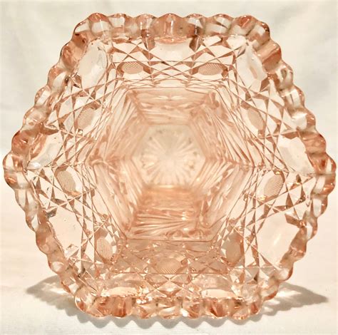 Blush Pink Depression Cut Glass Vase With Floral Tic Tac Toe Pattern