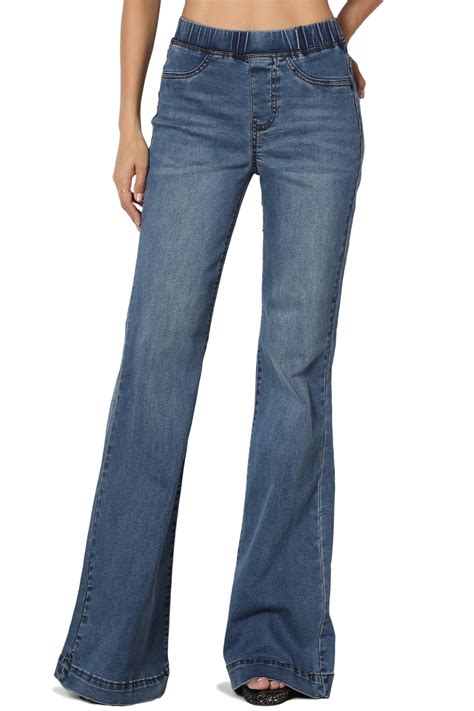 themogan womens sx elastic waist mid rise stretch denim long flare leg jeans walmartcom