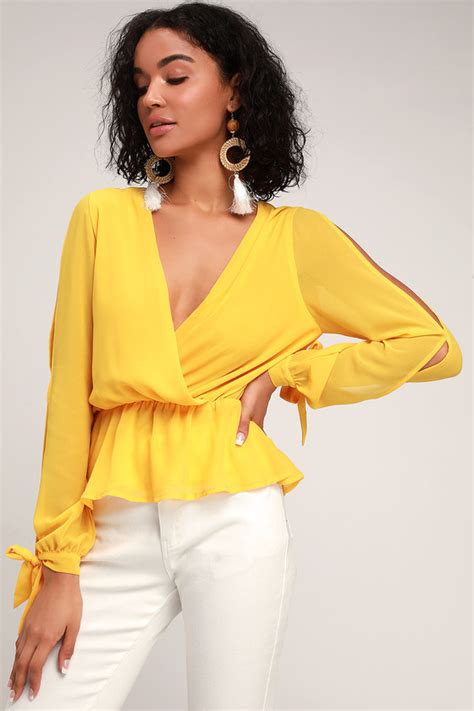 Chic Yellow Top Wrap Top Cold Shoulder Top Long Sleeve Top Lulus