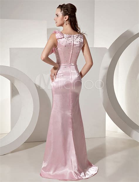 Sexy Pink Elastic Woven Satin Beading Side Split Women S Prom Dress
