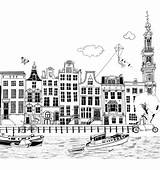 Amsterdam Illustration Cityscape Hennie Haworth Kamieniczki Szablony Miasto Illustraties Ansichtkaart sketch template