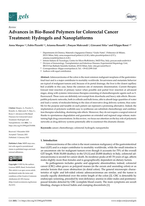 Pdf Advances In Bio Based Polymers For Colorectal Cancertreatment