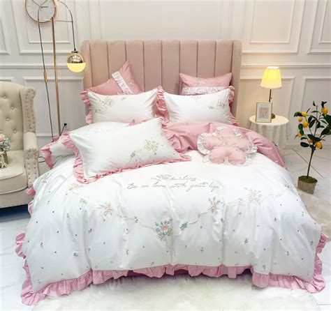 4 Korean Style Princess White Pink Ruffle Bedding Duvet