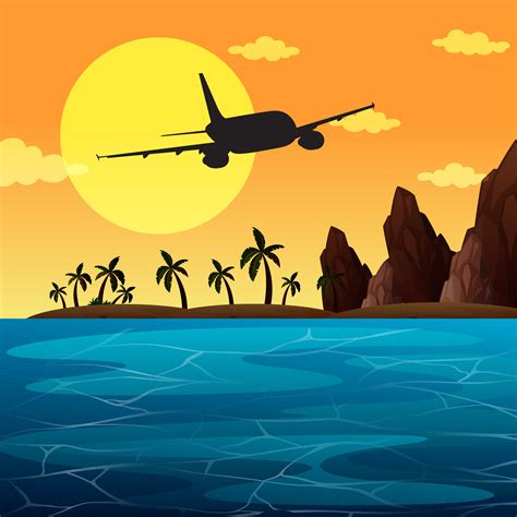 background scene  airplane flying  ocean  vector art