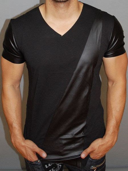 pandv men v neck faux leather path sleeves t shirt black mens attire