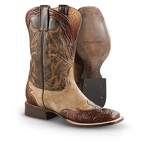 mens stetson hand tooled leather western boots brown  cowboy western boots