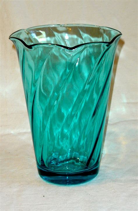 Mid Century Modern Swirl Pattern Turquoise Glass Vase Turquoise Glass