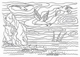Coloring Sea Sailboats Bushes Tranquility Moun Seagulls Dolphins sketch template