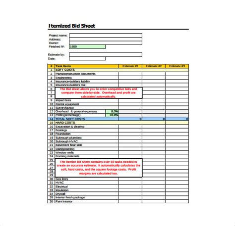 bid sheet template   word  documents