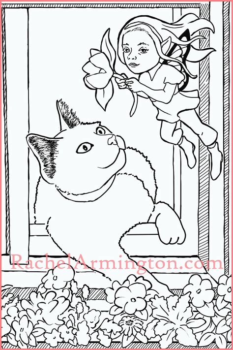 coloring page   cat leaning   window    fairy flying