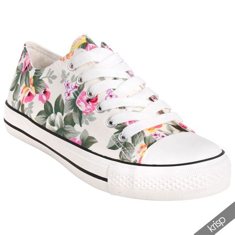 Womens Floral Canvas Low Top Trainers Flatform Shoes Sneakers Plimsolls