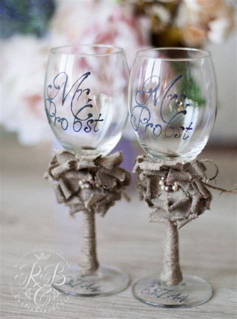 Personalized Wedding Wine Glasses Rustic Chic Wedding Glasses With