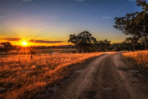 countryside landscape  rural dirt road  sunset  australia