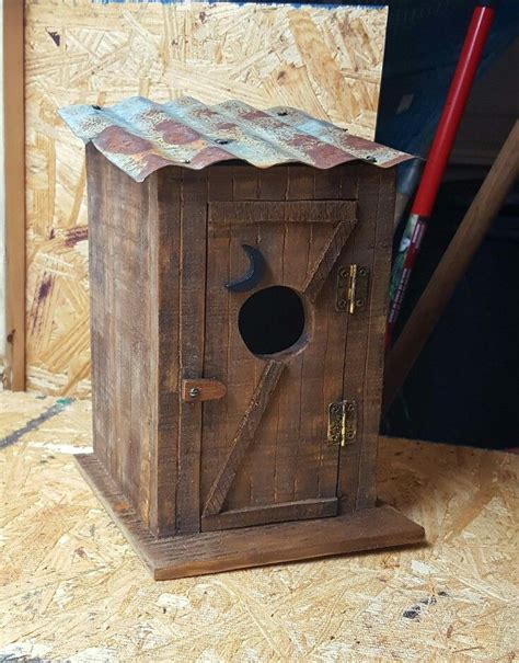 rustic outhouse birdhouse   pallet  reclaimed wood  tin birdhouse projects garden