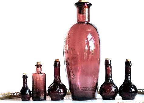 Vintage Violet Purple Bottles Set Of Six Amethyst Glass