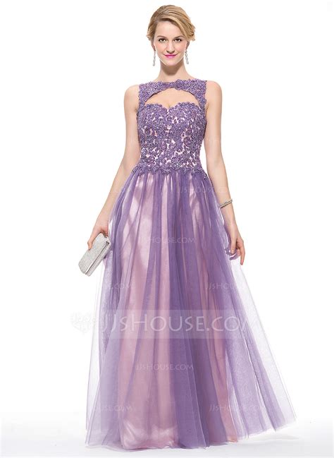 A Line Princess Scoop Neck Floor Length Tulle Lace Prom Dress With