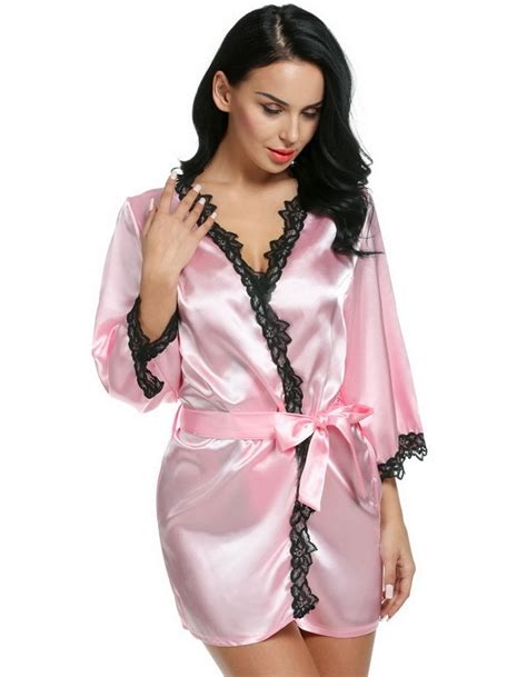 Sexy Lingerie Plus Size Satin Lace Black Kimono Intimate Sleepwear Robe