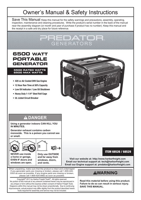harbor freight tools predator  watt portable generator  user manual  pages