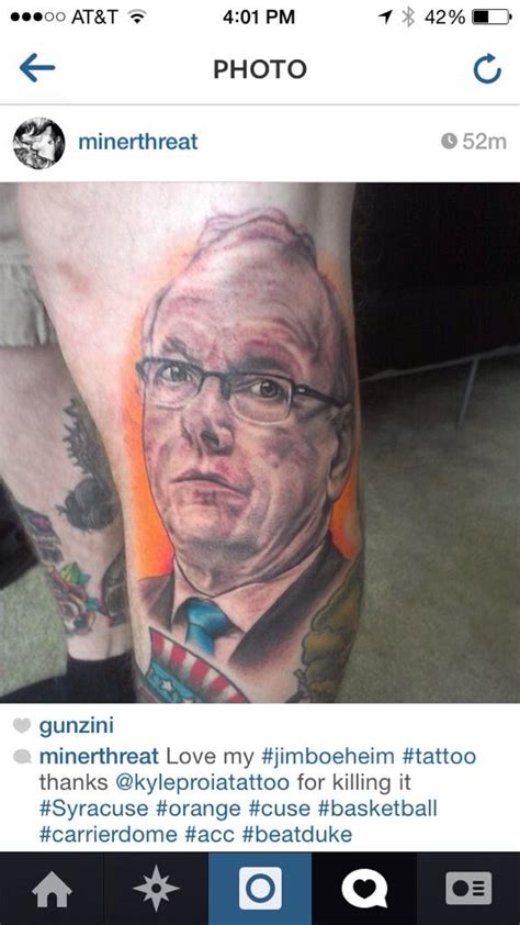 someone had jim boeheim s face tattoo d on their body and it looks pretty good