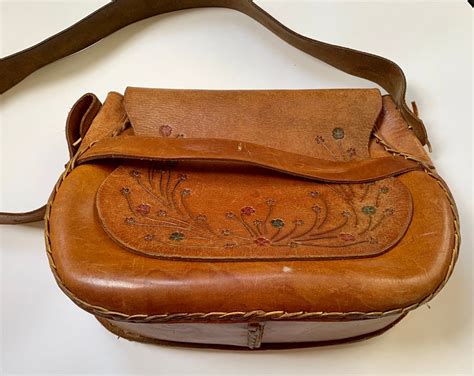 floral tooled leather purse handbag bag vintage  tan brown handmade