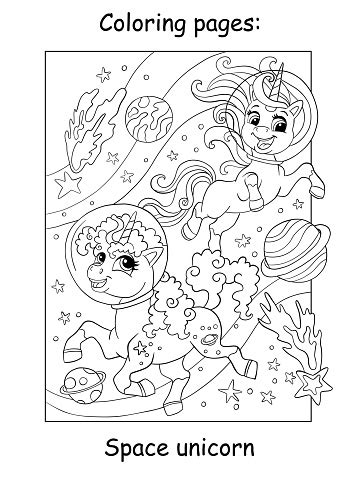 cute unicorns  space coloring book page stock illustration