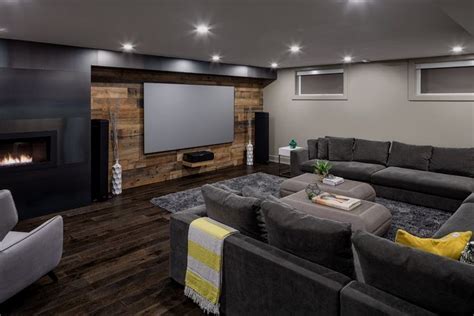 basement tv wall basement contemporary  grey sectional shag area ru home theater rooms