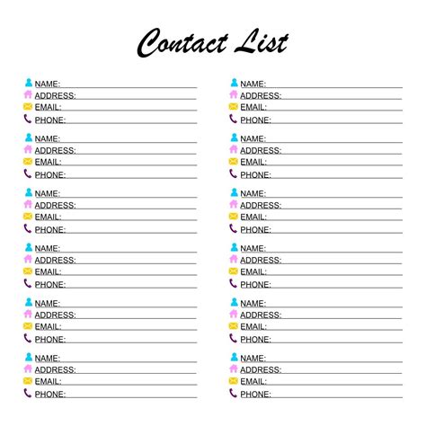 printable list  contact lists