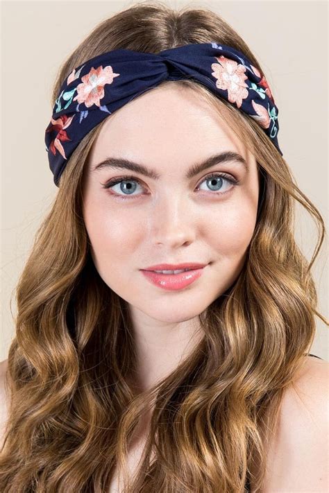 Elyza Knotted Embroidered Headband Navy Model Hair Makeup Hair