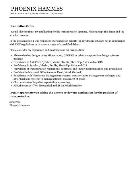 transportation cover letter velvet jobs