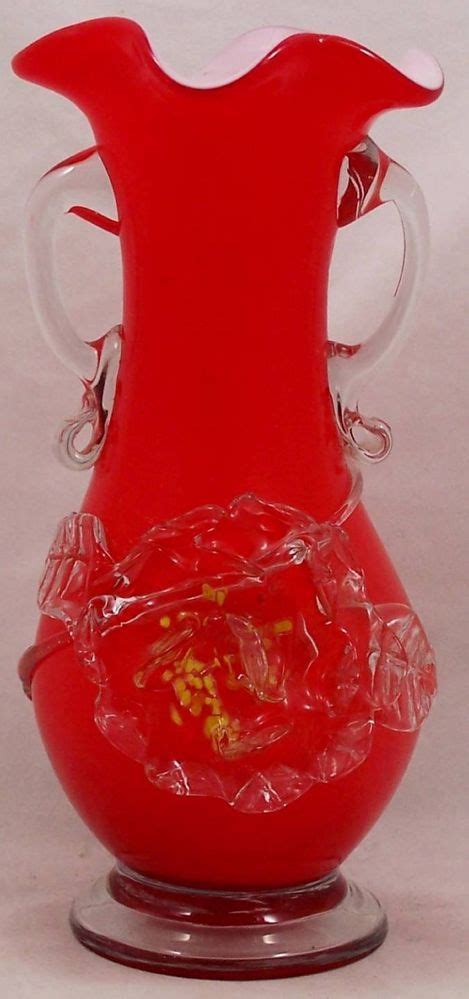 Handmade Red Cased Art Glass Vase Applied Glass Flower