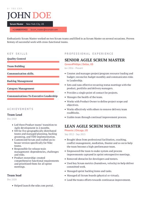 scrum master resume   content sample craftmycv