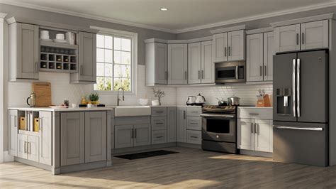 shaker wall cabinets  dove gray kitchen  home depot