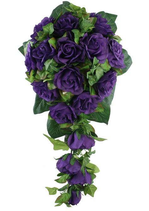 purple silk rose cascade bridal wedding bouquet