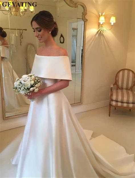 Simple A Line White Satin Wedding Dresses 2019 Boat Neck Off The