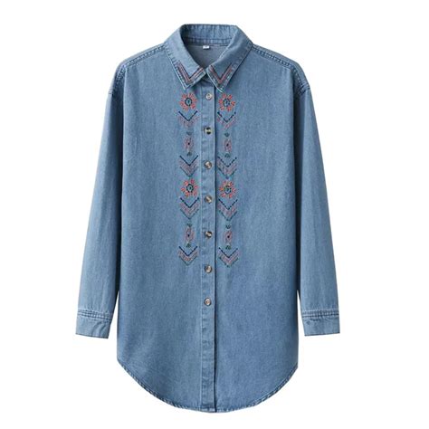 retro women blue jeans denim blouse  embroidered long sleeve shirt  tops turn  collar