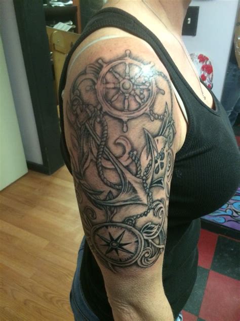 Black And Grey Compass Tattoo Nautical Tattoo Half Sleeve Beautiful