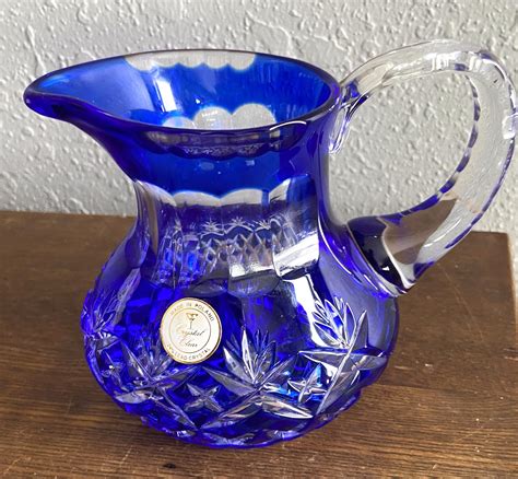 vintage bohemian cobalt blue czech cut crystal glass pitcher etsy
