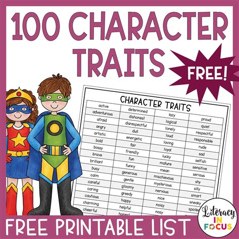 character traits list  printable  literacy  focus