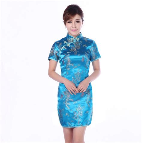 buy sexy blue chinese style women silk dress lady