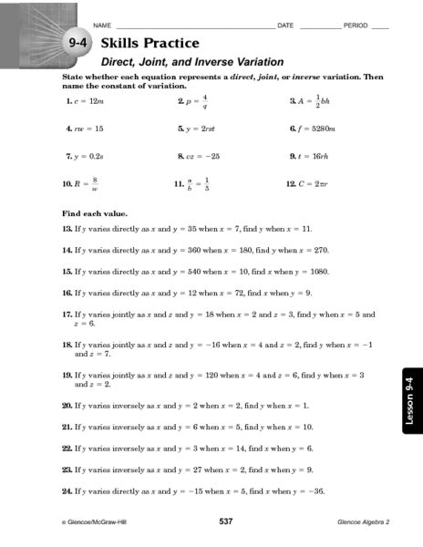skills practice direct joint  inverse variation