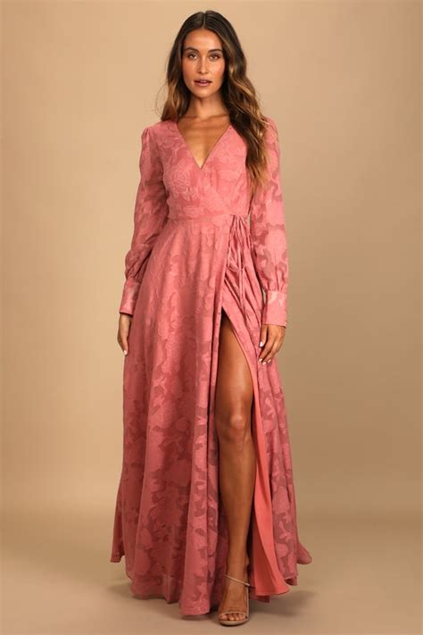pink wrap dress wrap maxi dress jacquard maxi dress lulus