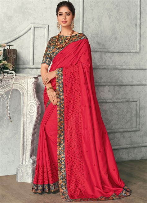 buy  red embroidered satin silk designer saree  saree