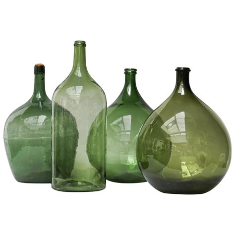 Set Of Four Vintage Green Glass Bottles Demijohns Lady Jeanne Or