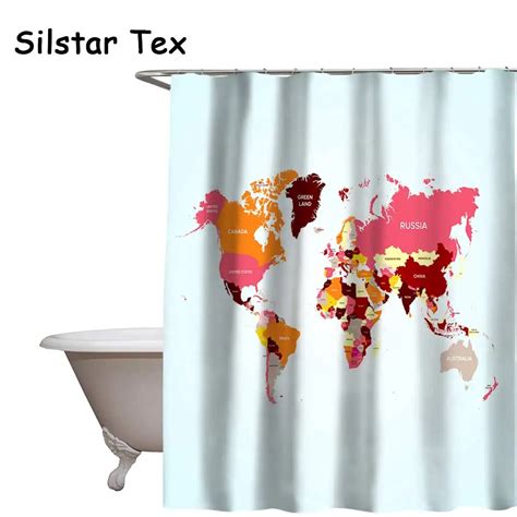 silstar tex 12 hooks waterproof shower curtain world map printing